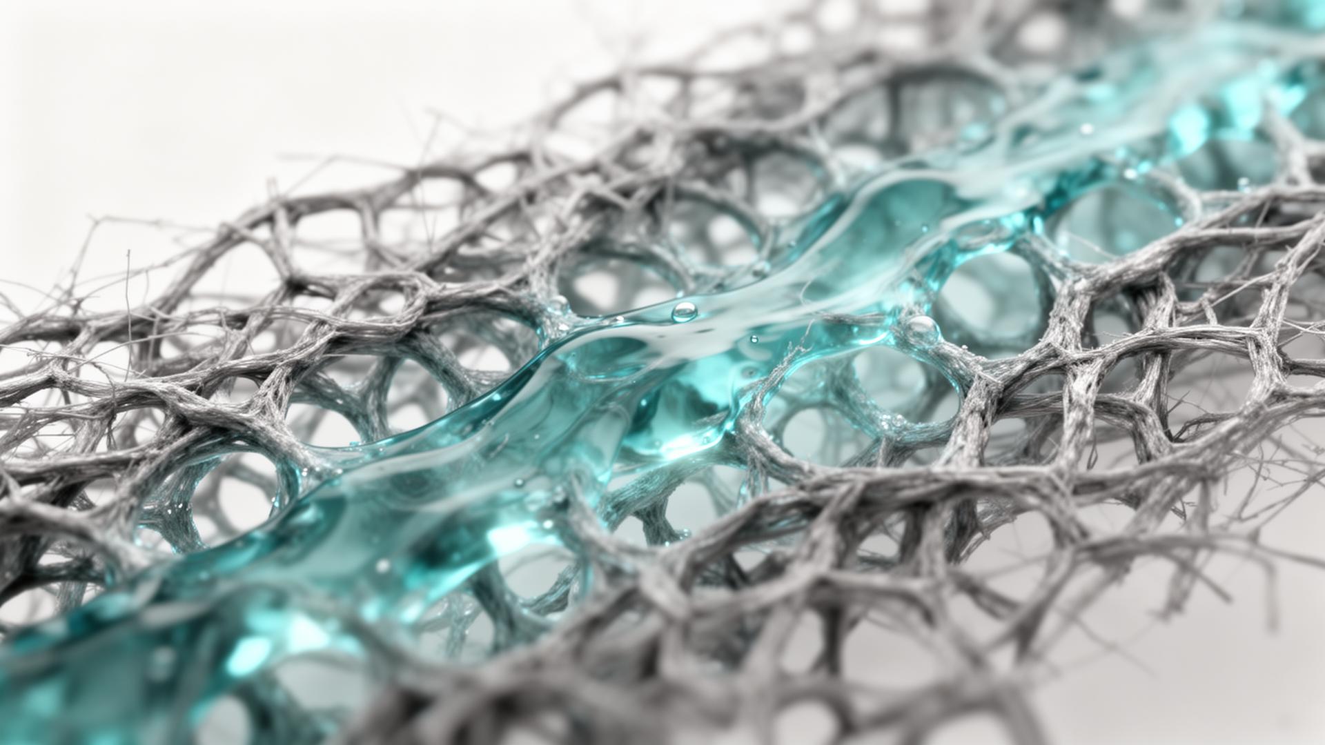 Macro view of porous cellulose fiber matrix with translucent liquid flow